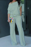 Striped Oblique Shoulder Two-Piece Pants Set
