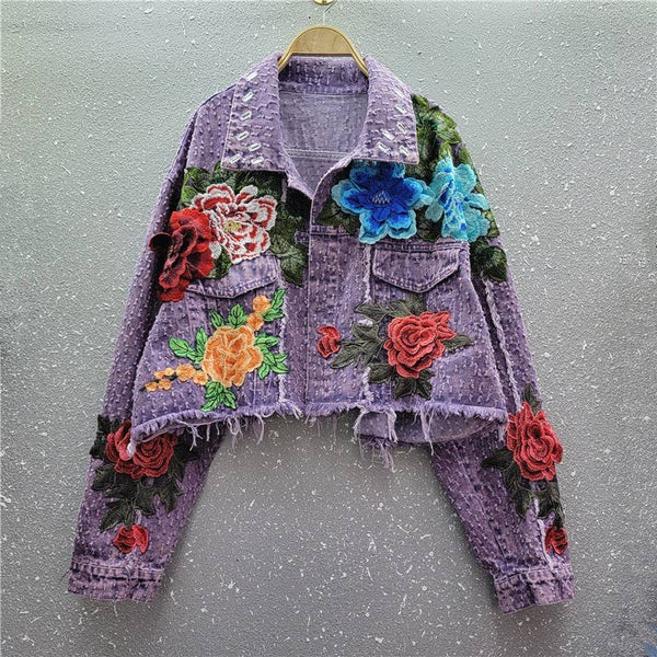 3D Floral Edge Denim Jacket