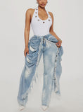 Distressed Skirt Overlay Straight Jeans