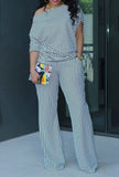 Striped Oblique Shoulder Two-Piece Pants Set