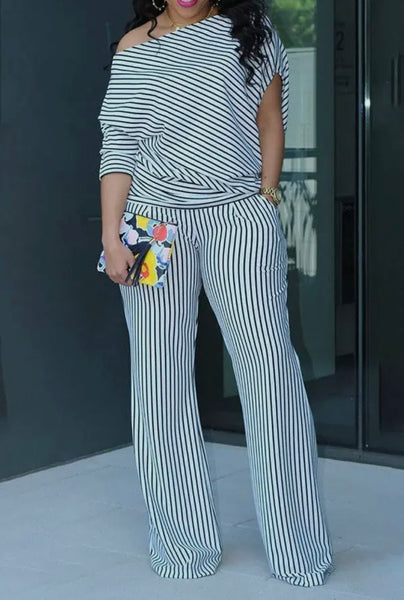Striped Oblique Shoulder Two-Piece Pants Set