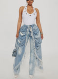 Distressed Skirt Overlay Straight Jeans