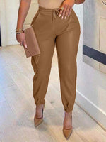 Khaki Drawstring Leather Joggers