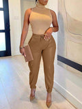 Khaki Drawstring Leather Joggers