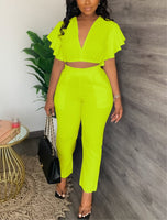 Ruffle V-neck pants set
