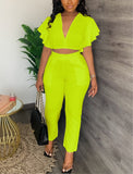 Ruffle V-neck pants set