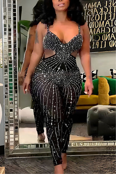 Sparkling Rhinestone Jumpsuit for Women's Party Costume